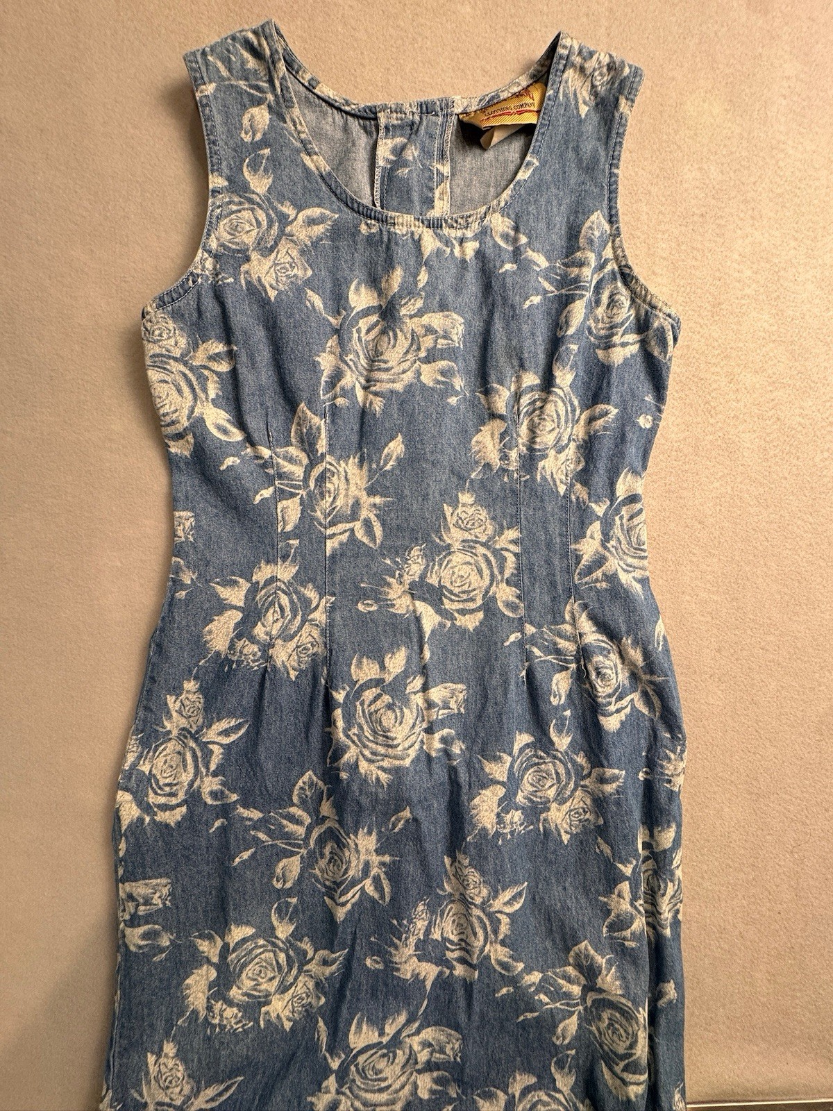 VTG Studio Ease 90s Floral Denim Maxi Dress Blue Cotton Button Back Measurements