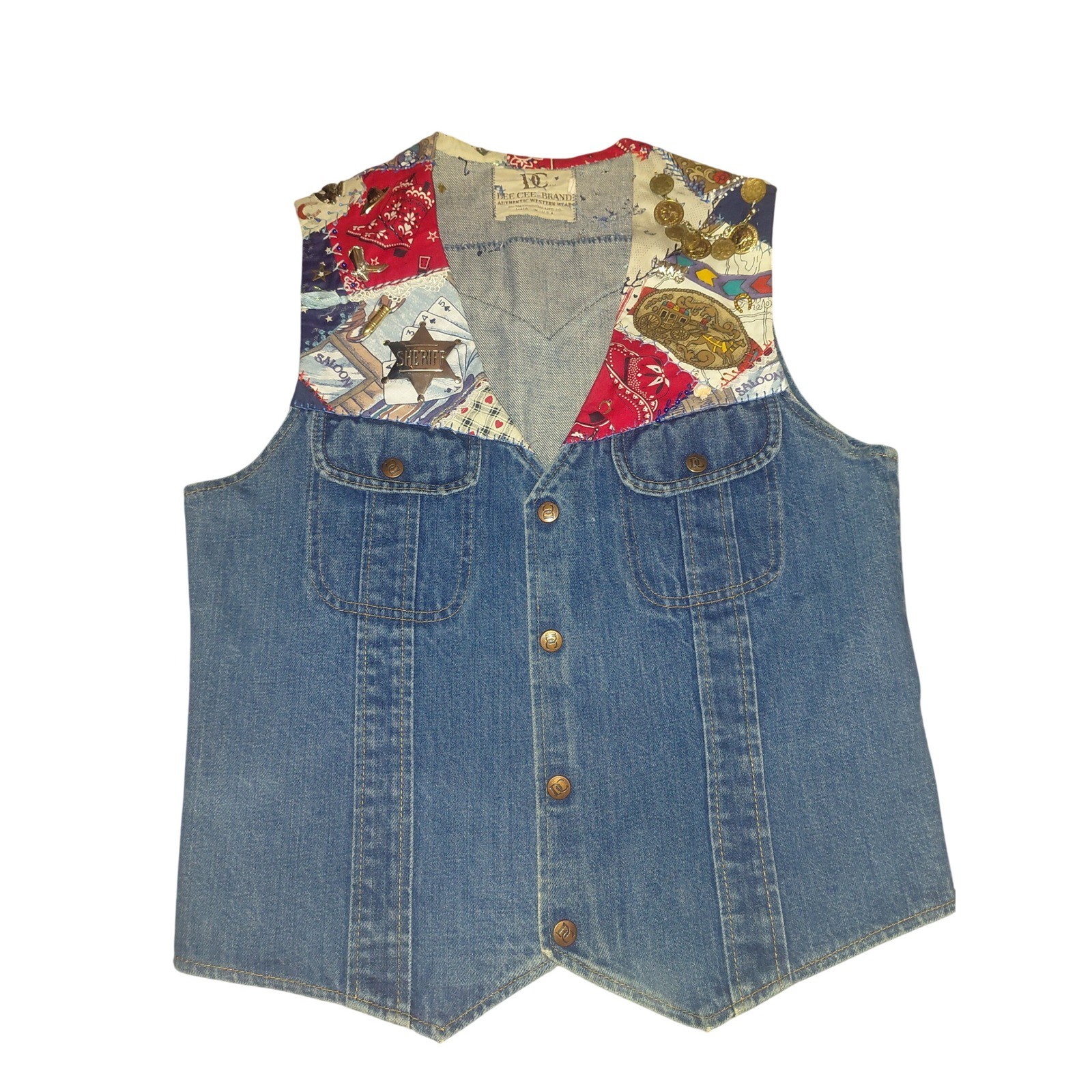 Vintage Dee Cee Brand Western Denim Vest Patchwork Charms Sheriff Badge USA Made