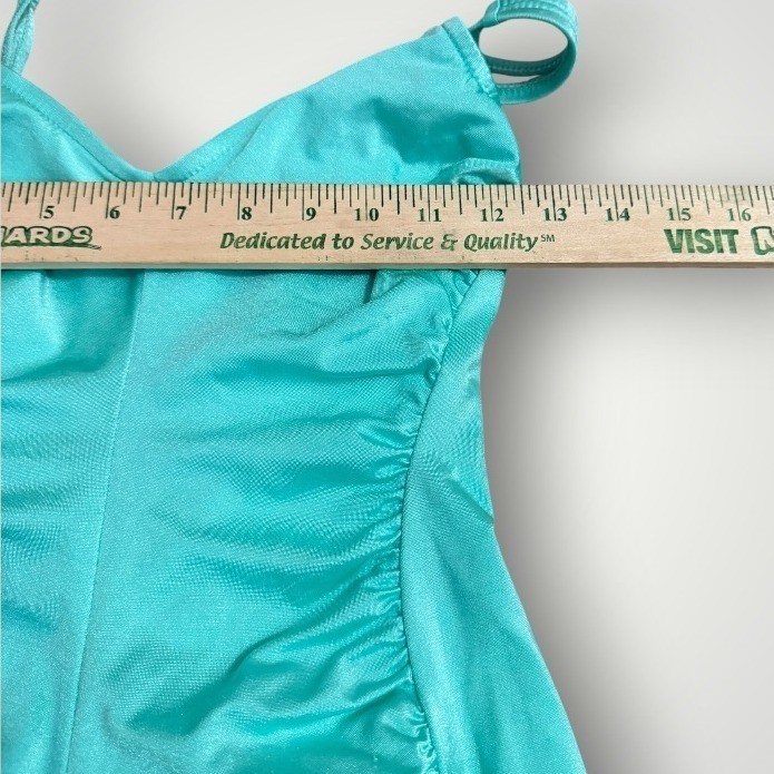 Carriage Court Fit One Piece Swimsuit Vintage 80’s 10 Turquoise Ruched Shimmer