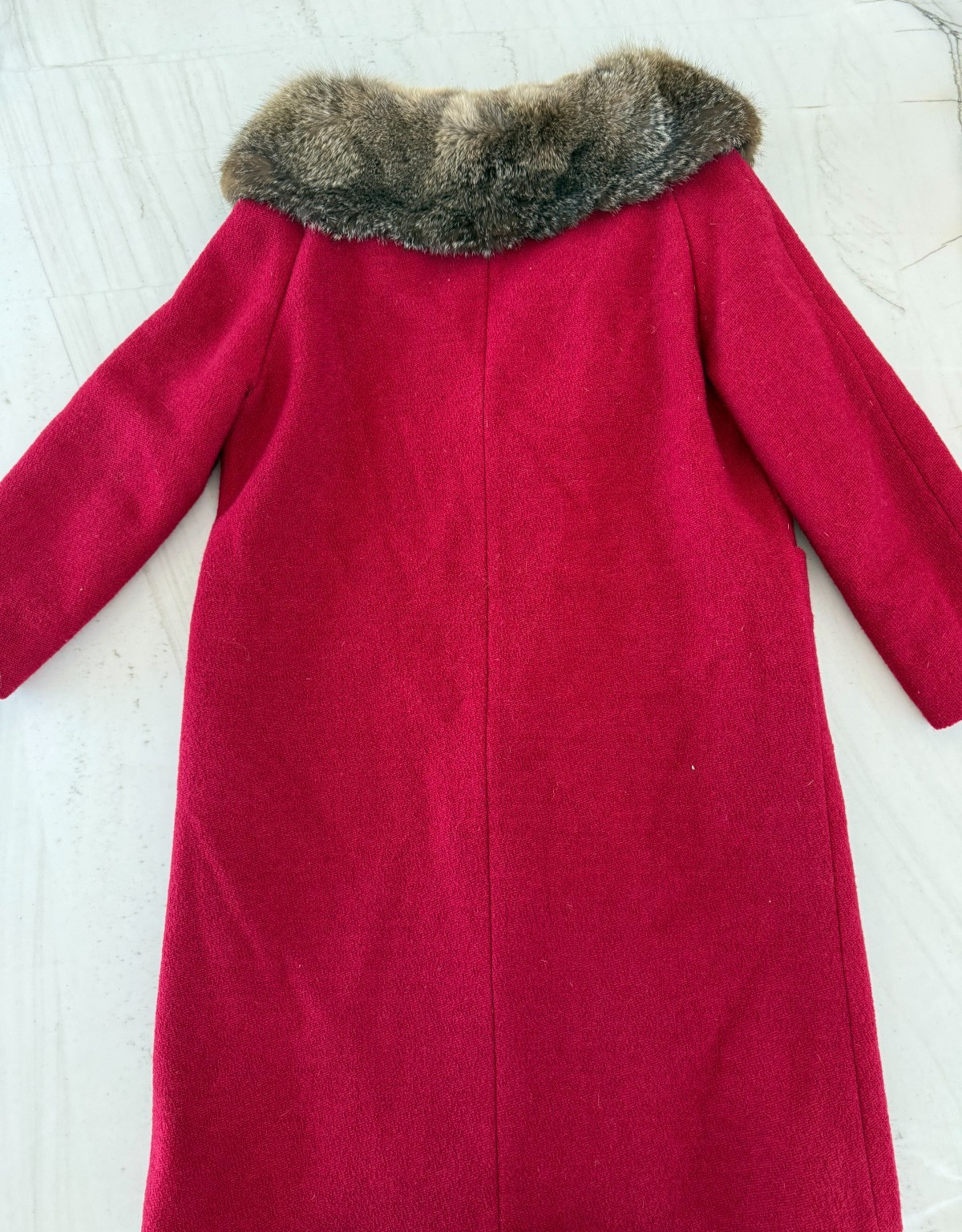 Vintage 1950s Shagmoor Cordonnet Bouclé Red Wool Swing Coat w/ Real Fur Collar
