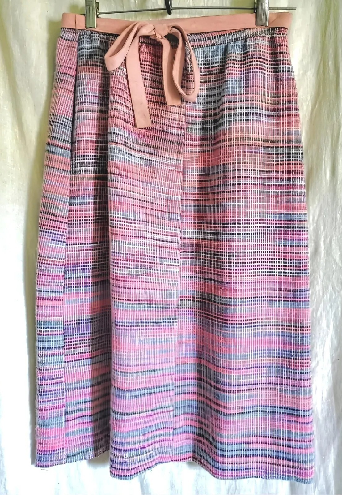 VTG 70s Striped Woven Pastels Midi Skirt w/Ultra Suede Rose Belt S