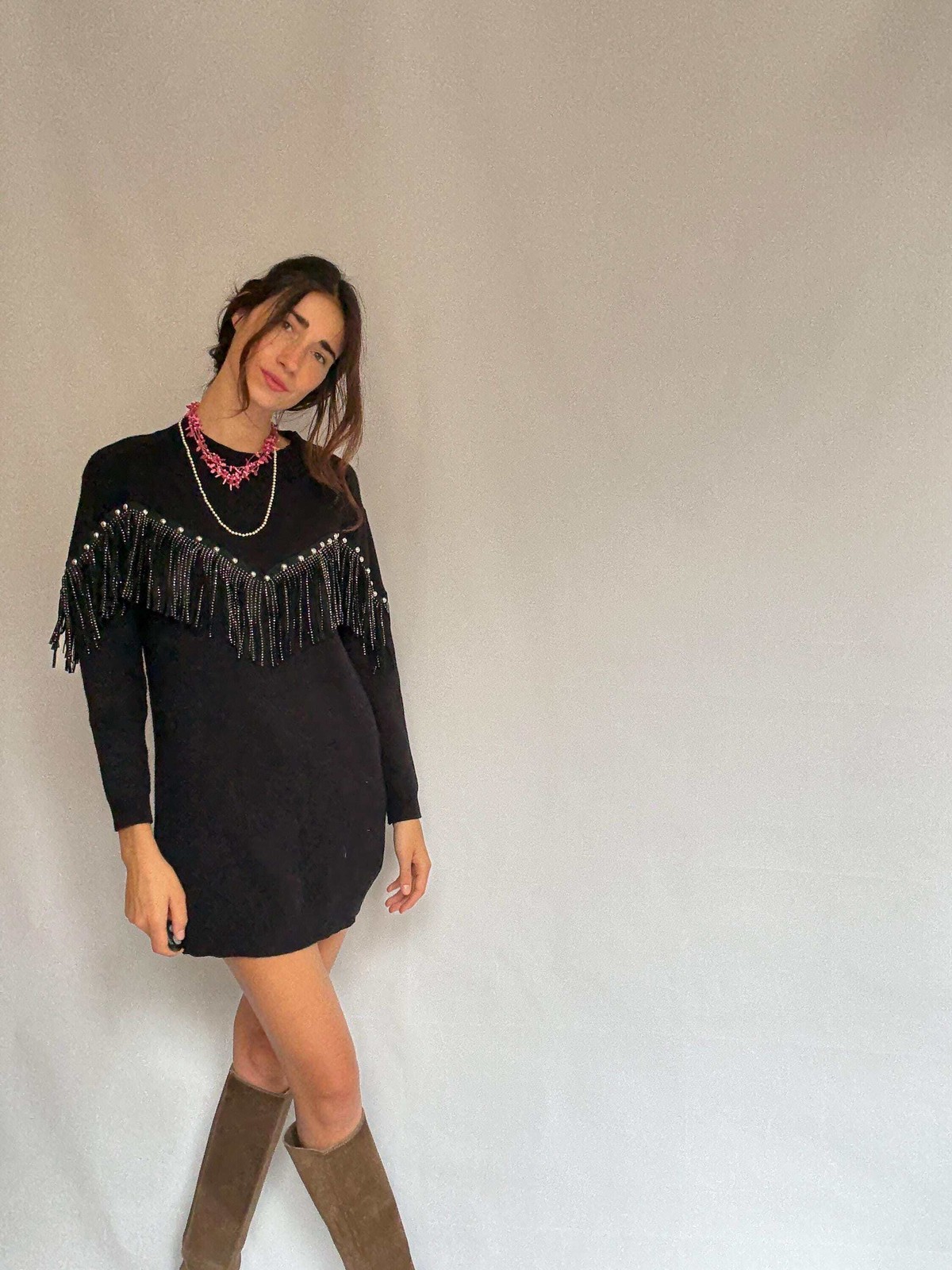 Western black mini dress, Embellished fringe short spring dress, Retro 90s vinta