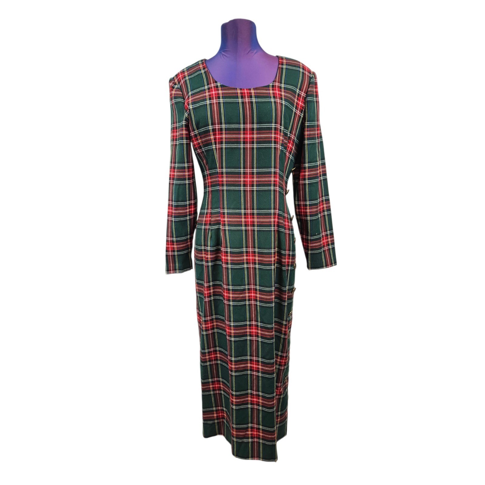 Vintage Misty Lane Tartan Plaid Maxi Dress Gold Crest Buttons Made in USA Size 8