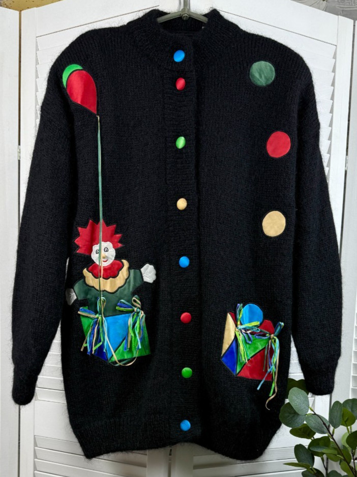 Vintage Hamells Mohair Cardigan Clown Motif Size L Lined Retro Sweater