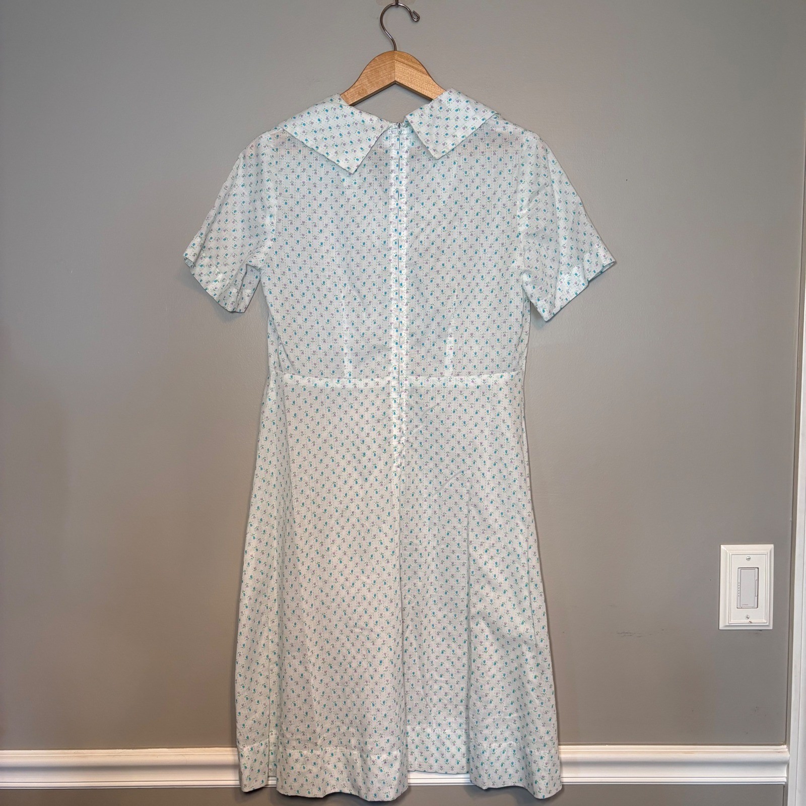 VTG Handsewn 70s Floral Ditsy Midi Dress Blue Purple White Short Sleeve A-Line