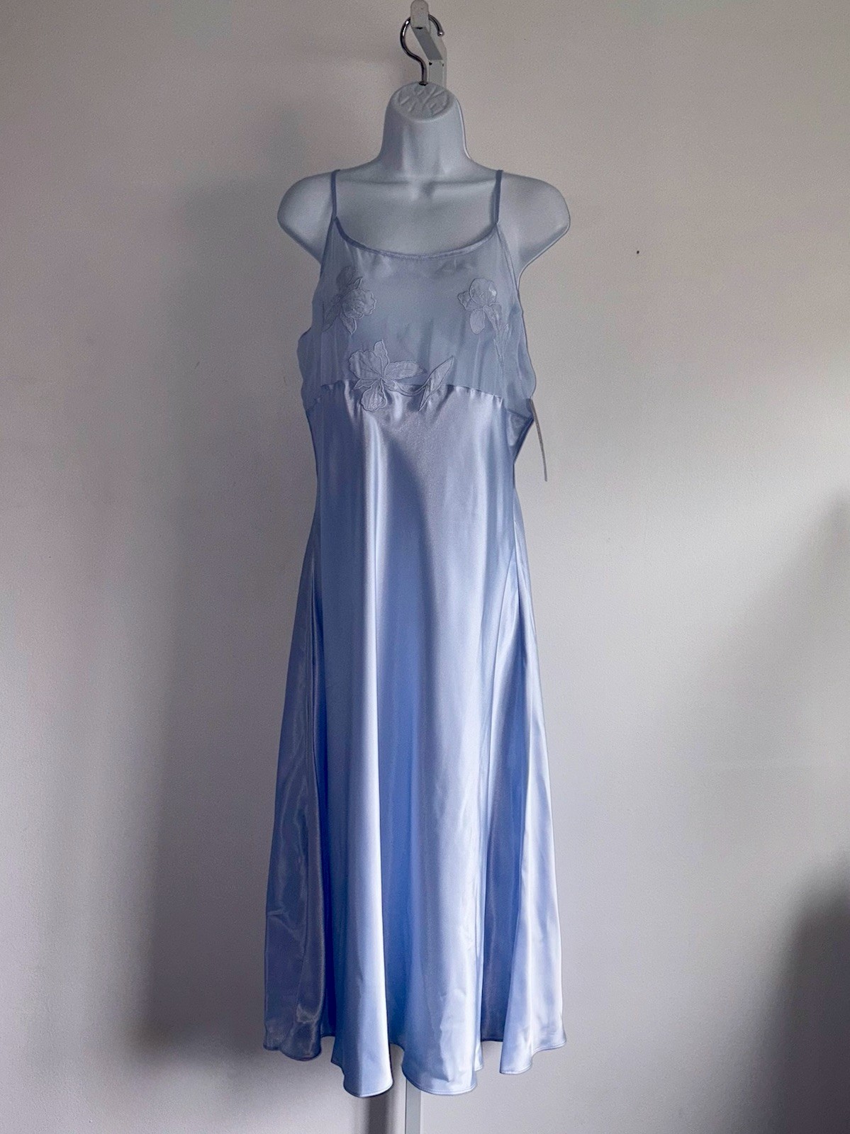Vtg Jones New York Blue Satin Chemise Slip Dress Size Large Iris Appliqué Sheer