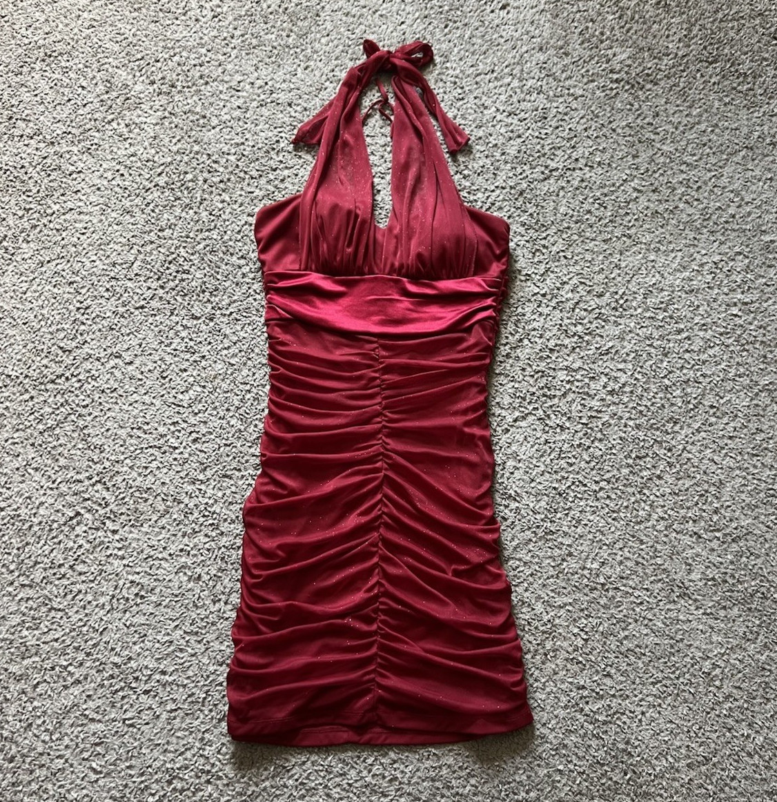 Y2K 2000s Halter Dress Large Red Glitter Mini Ruched Cocktail Party Club