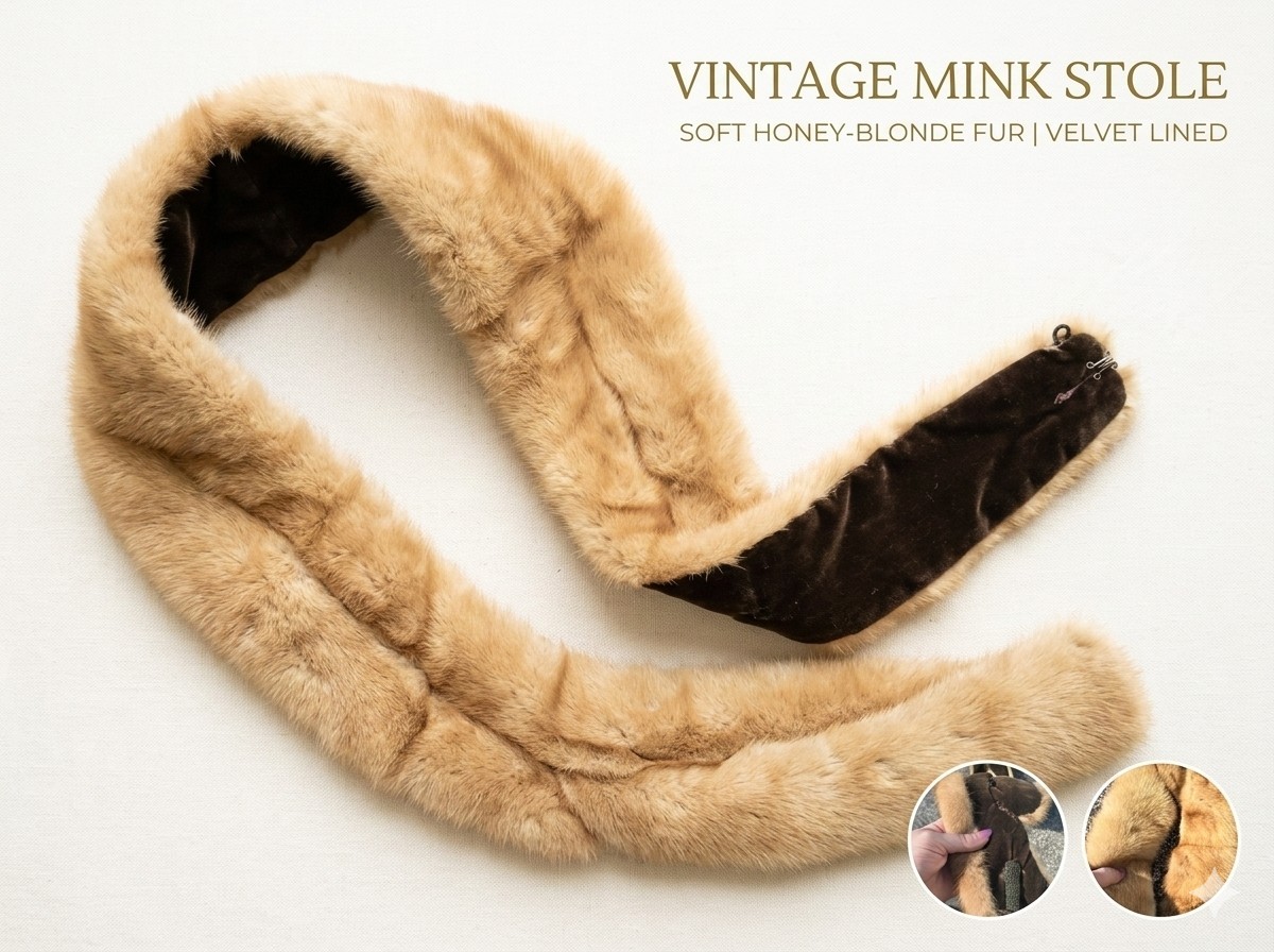 ​Vtg Honey Blonde Mink Fur Collar Stole Wrap 1950s 60s Brown Velvet Lined MCM