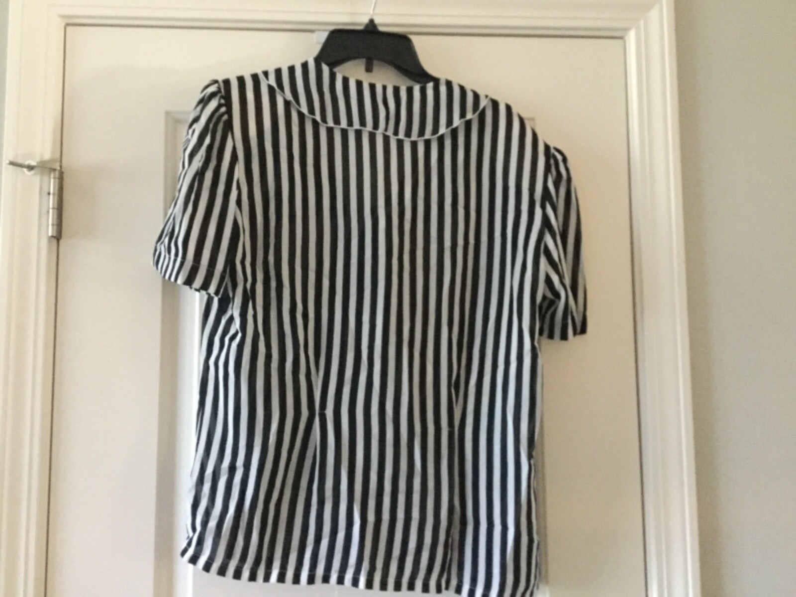 Vintage Judy Bond Size 16 Secretary Blouse Necktie Bow Black White Stripe Sexy