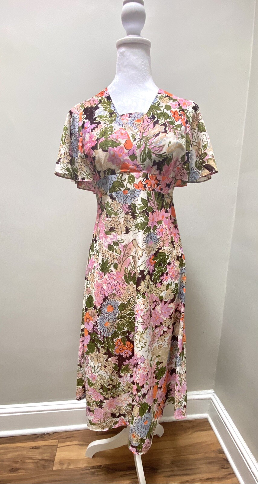 Vintage 1970s Candi Jones California Dress Colorful Groovy Floral Midi Sz 13 S/M