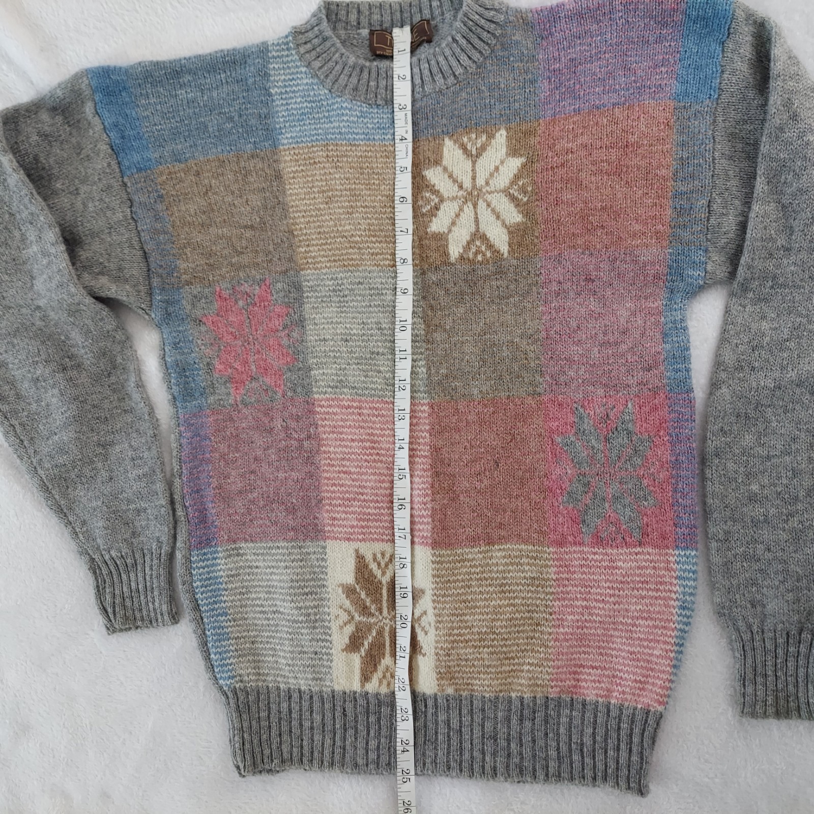 Vintage 1990s Thane Snow Flake Color Block Wool Sweater, S/M