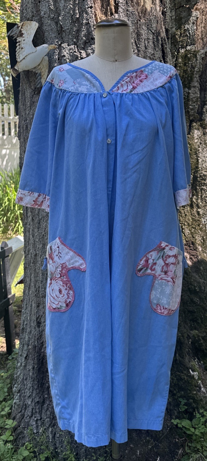Herbcraft 80s Blue W/ Pot Holder Pockets Floral Accents Dress House Coat Size 2X