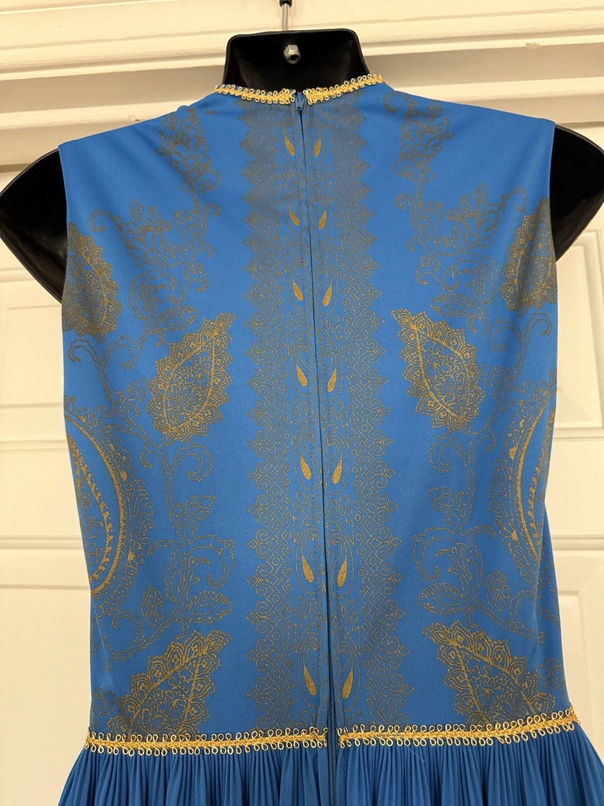 Vintage Alfred Shaheen Asian Inspired Hawaiian Aloha Maxi Dress Sz 8 Blue & Gold