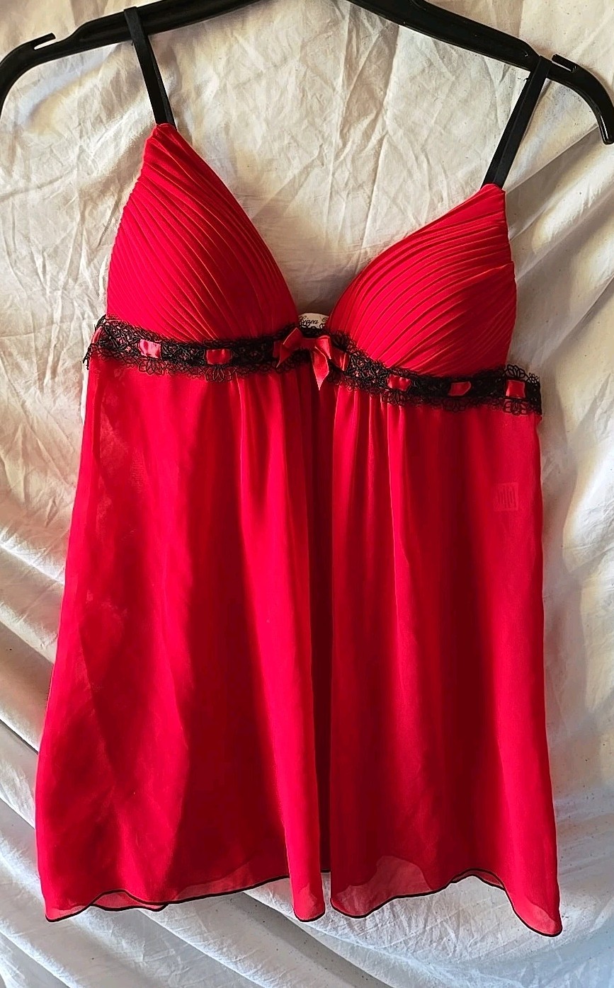 Linea Donatella Chemise Nightie BabyDoll Sheer Tucks Lace Bow Black Red Medium