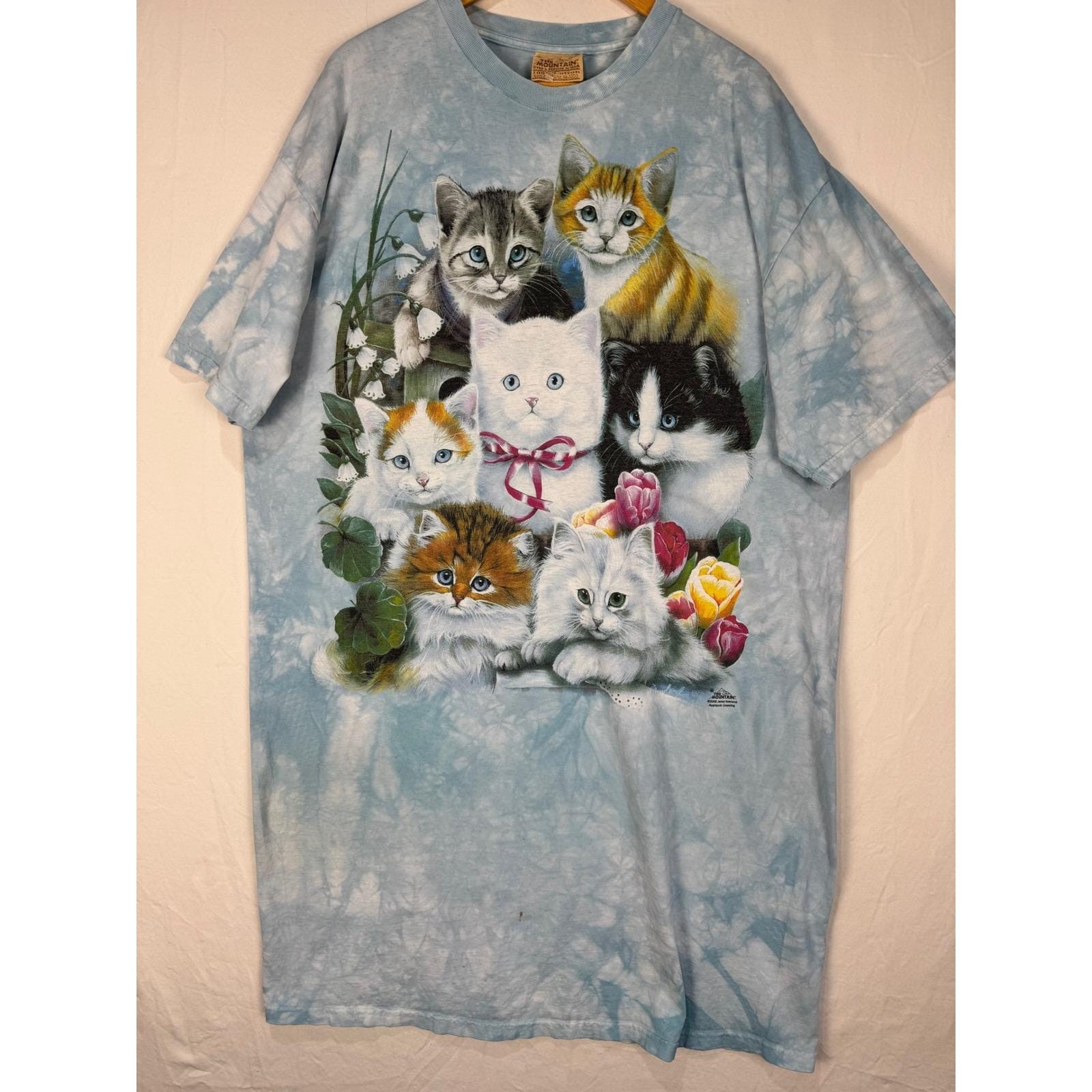 Vintage The Mountain Kitten Cat Tie Dye Tee Shirt dress Blue Y2K One Size OS AOP