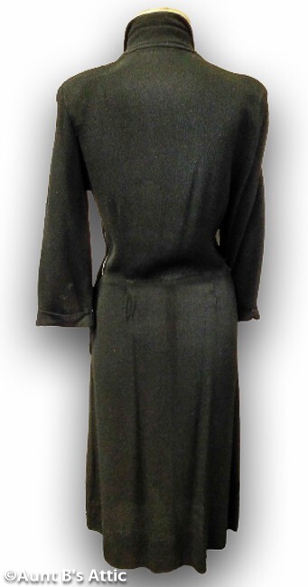 Vintage 40’s Black Textured Rayon Crepe W/ Bead Accent Pocketed Peplum Dress S/M