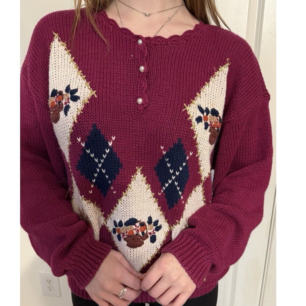 Vintage Embroidered Sweater Floral Argyle Knit Fuchsia Pink Womens Large