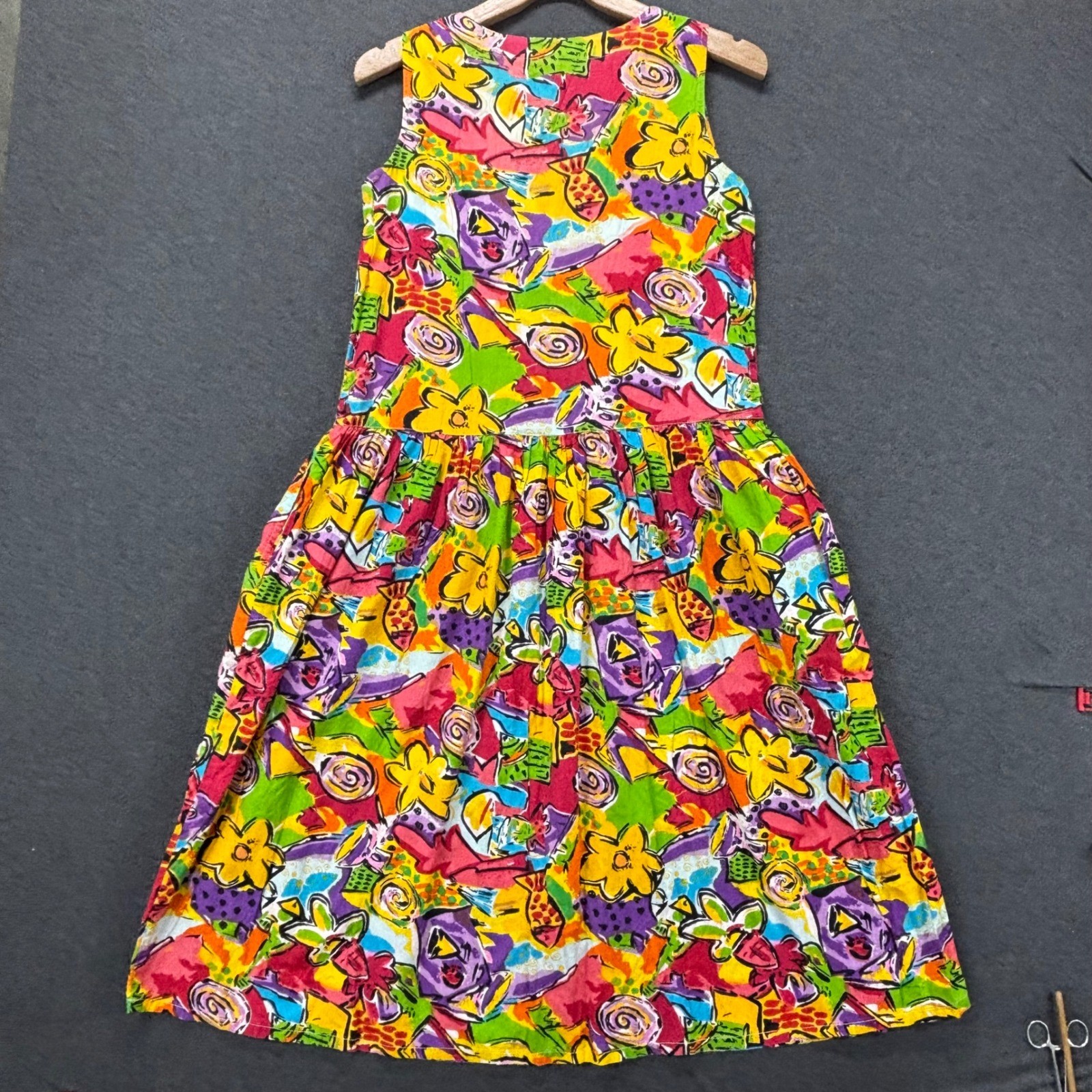 Sita Vintage Abstract Floral Cotton Midi Dress Multi Color Drop Waist Womens M