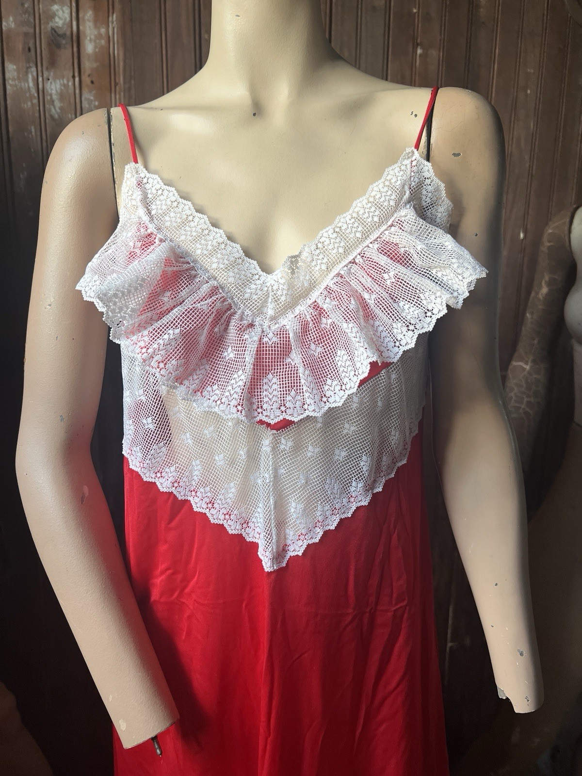 Vintage 70s Red Lace Slip Gown Frills Spaghetti Strap Prairie Nylon