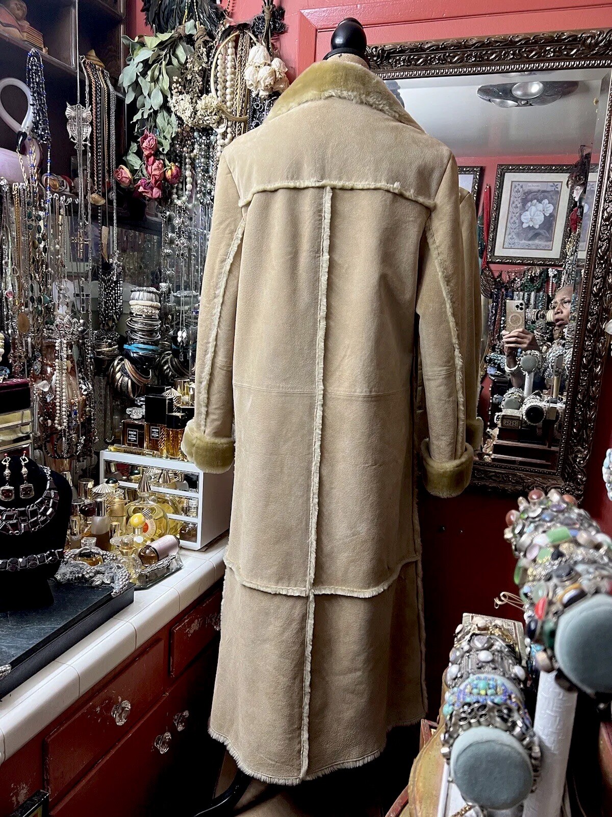 Beautiful Charles Klein Vintage Beige Genuine Suede Leather Fur Long Coat Sz S/M