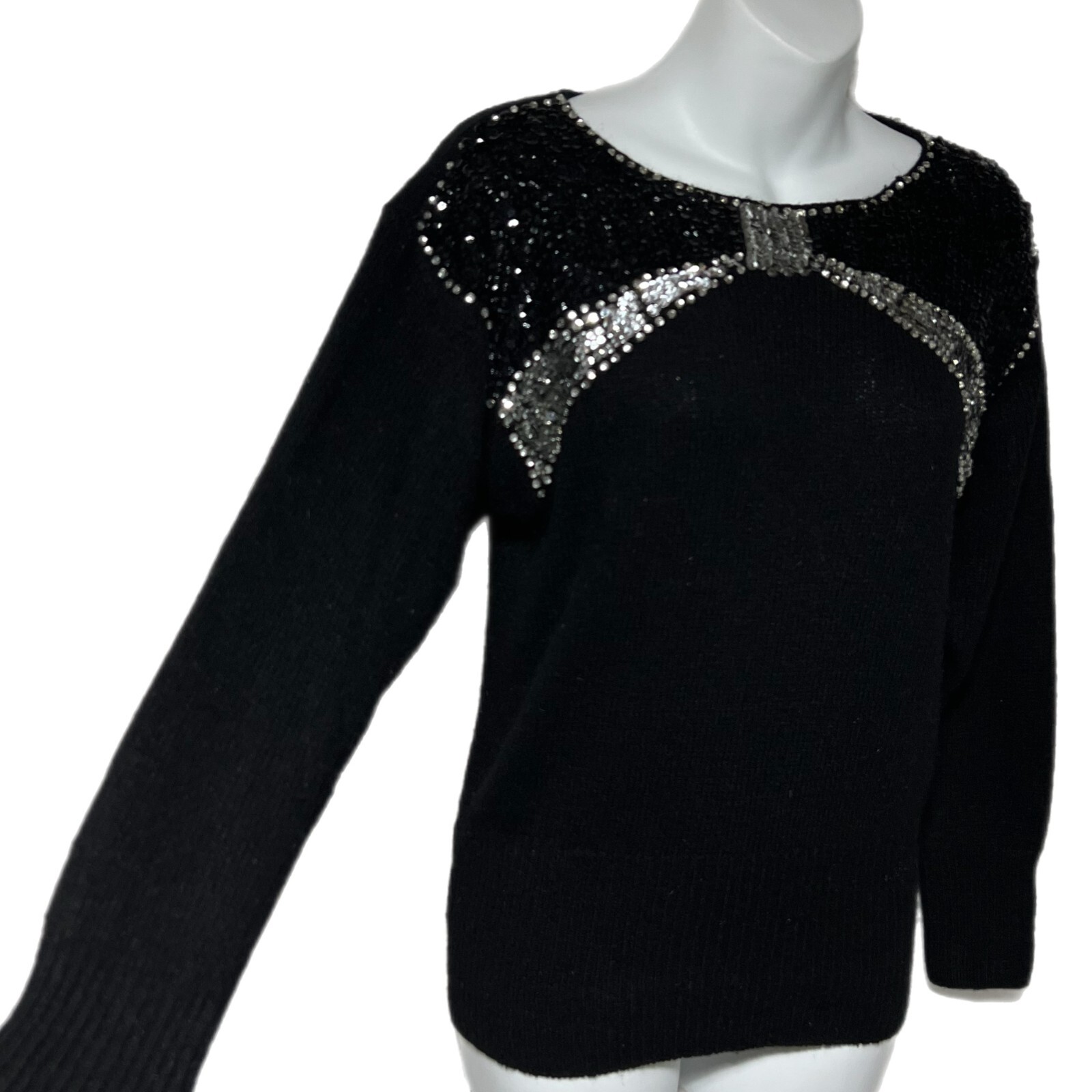 Vintage Black & Silver Sequin Rhinestone Ribbon Bow Embellished Sweater S Angora