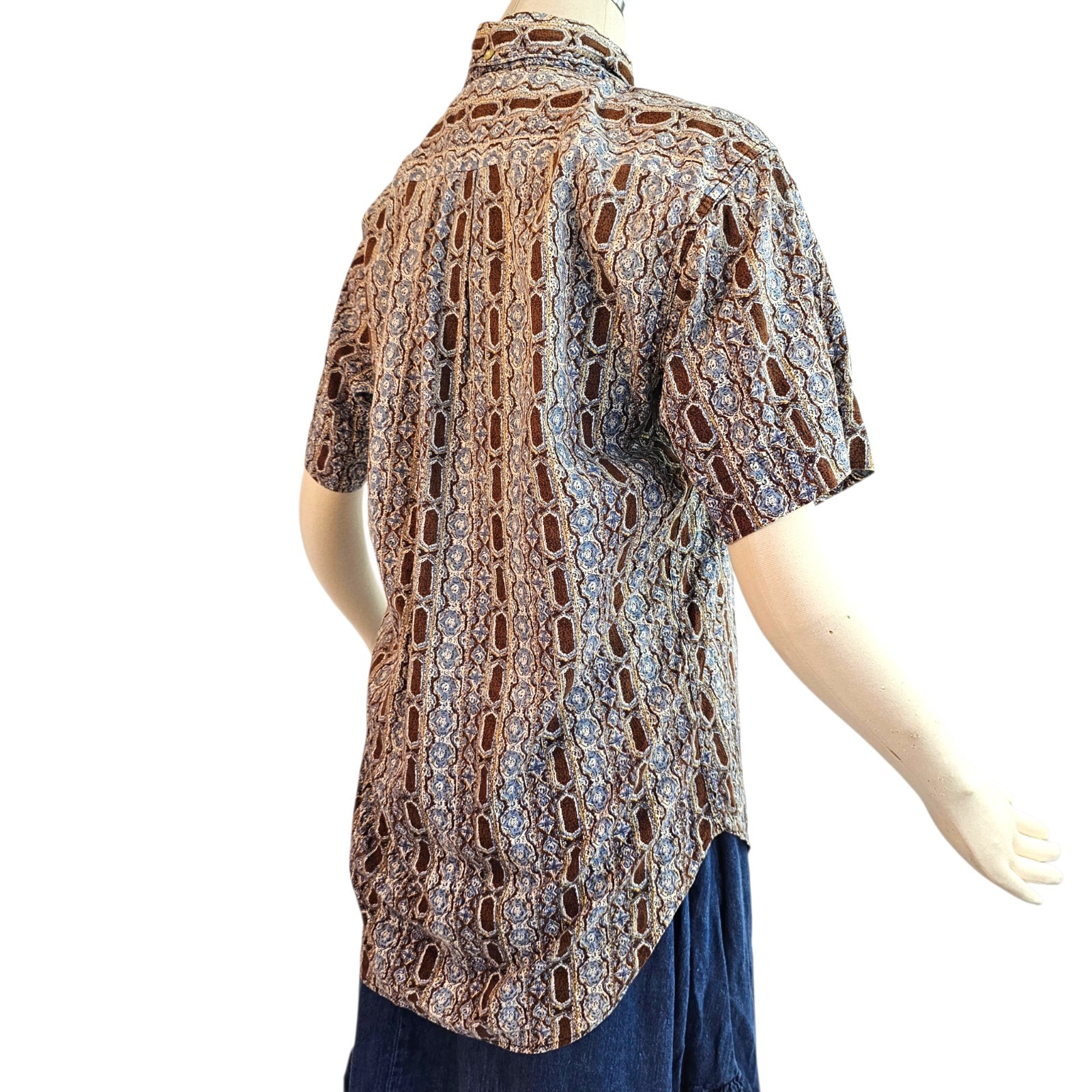 Vintage 1970s Blue Brown Pattern Short Sleeve Button Down Collared Retro Disco