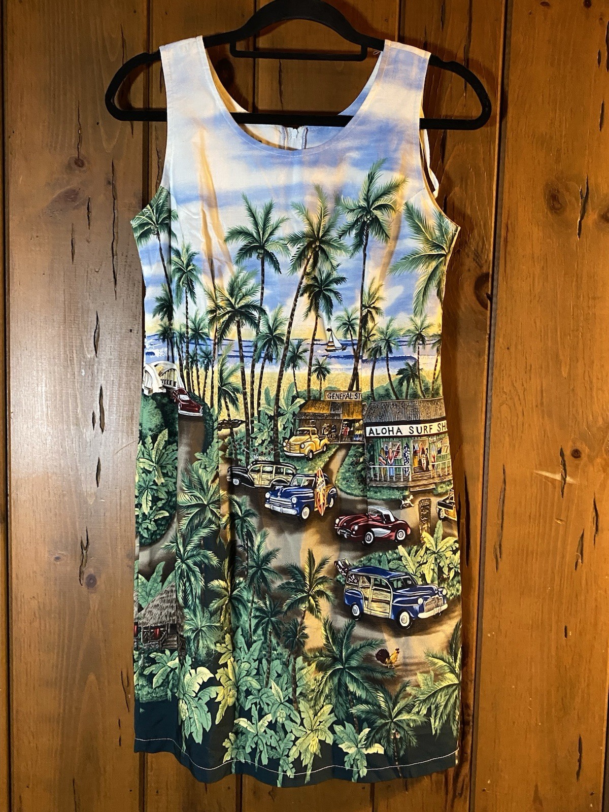 Vtg 90s Hawaiian Resort Collection Rayon Dress S Classic Car Surf Shop Scenic