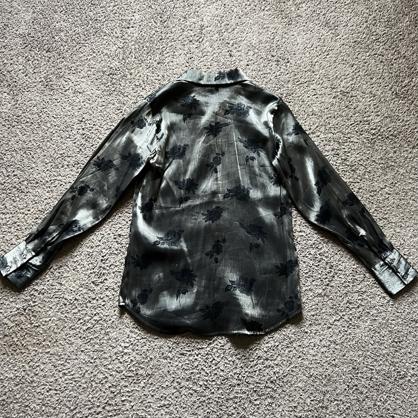 Vintage Y2K 90s Metallic Shirt Small Silver Floral Long Sleeve Button Dark Fairy