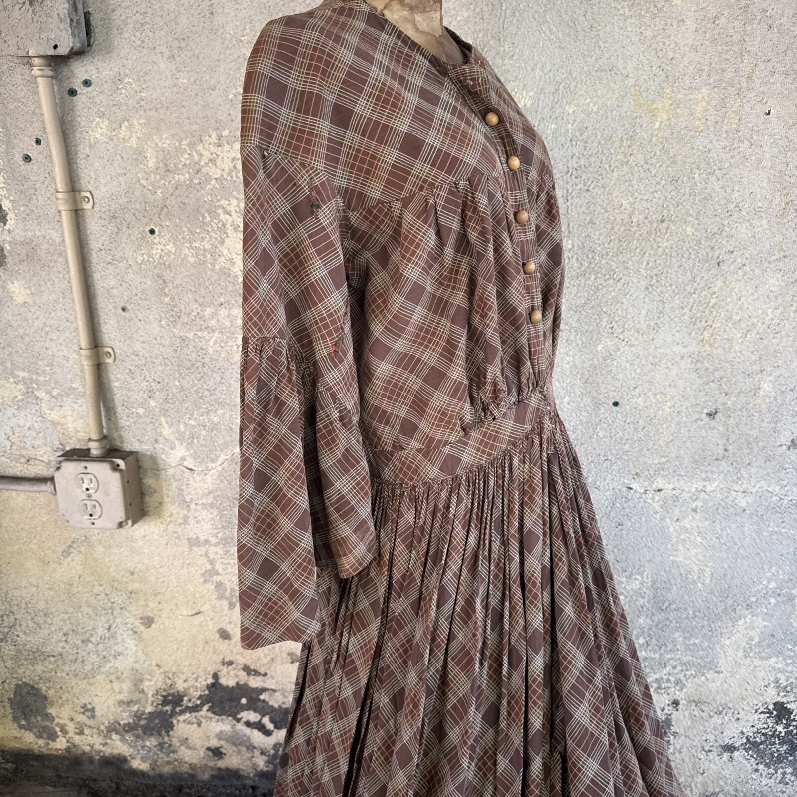 Vintage 1930s Brown Green & Orange Plaid Linen Dress Maxi Bell Sleeves Wooden