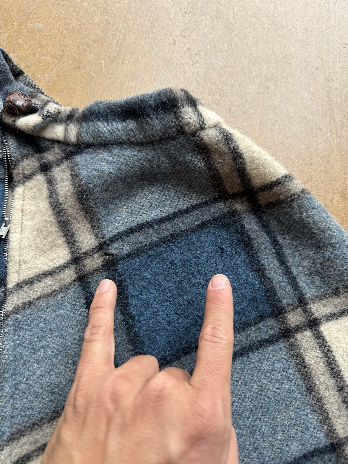 VTG 60s Pioneer Wear Side Zip Up Wool Poncho Scarf Plaid Blue Fringe Western M