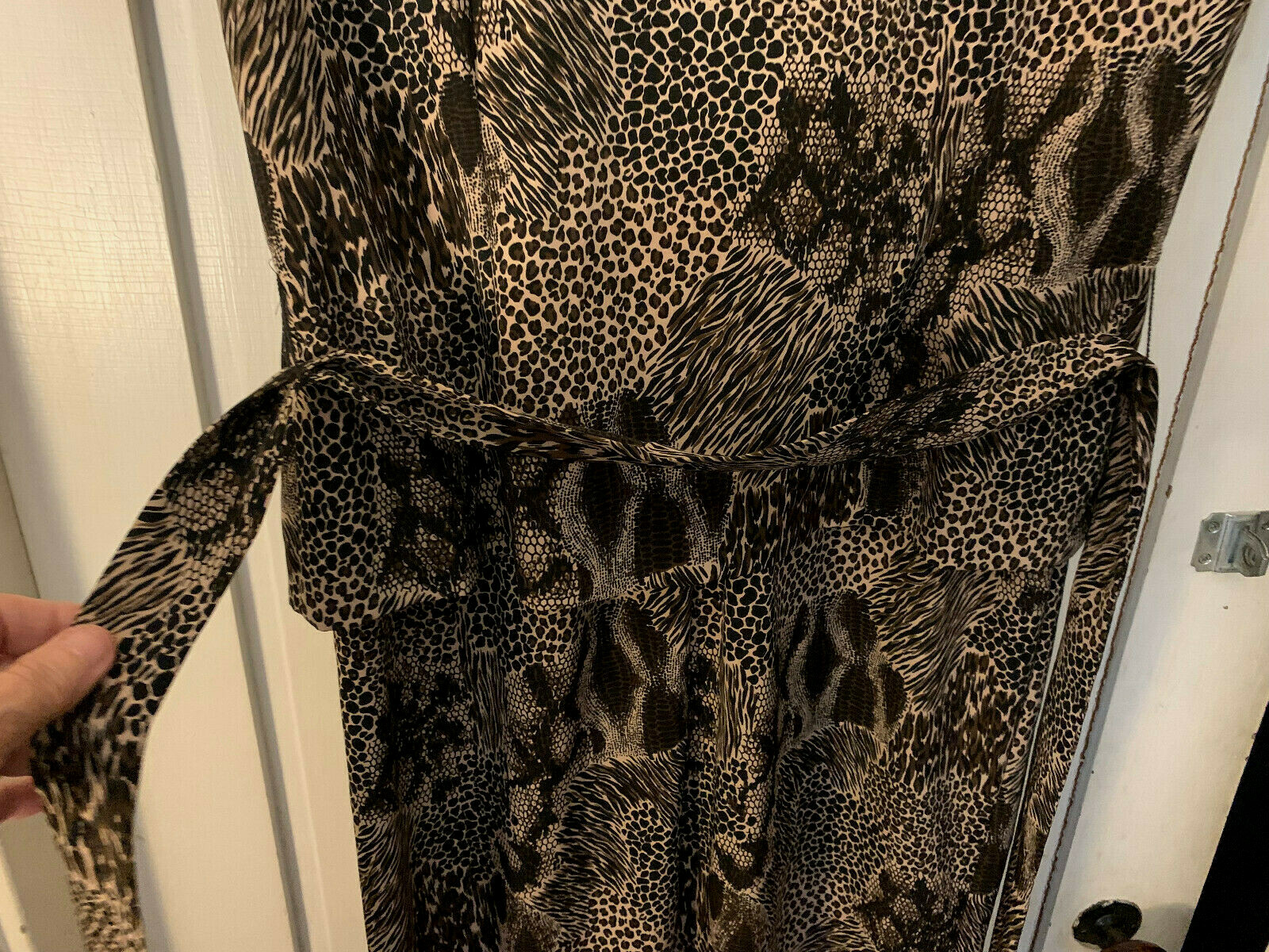 90s vtg Y2K Mob Wife Dress Jungle Print Peplum Brown Black Belt M-L Bust=36