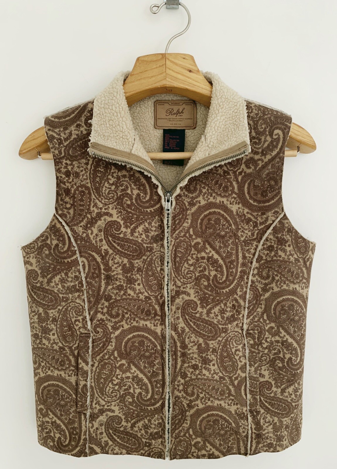 Vtg RALPH LAUREN Palomino Faux Suede/Sherpa Vest Women M Brown Paisley Preppy