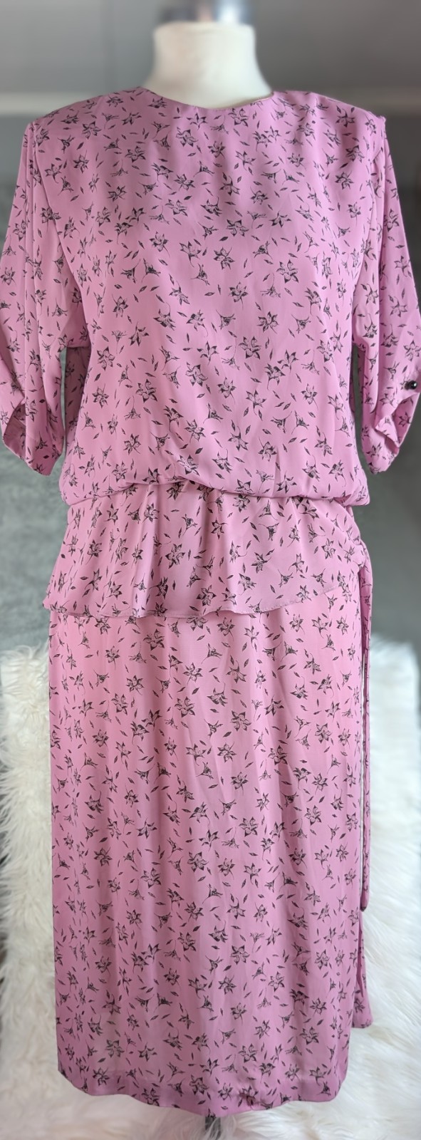 Vintage Alison Peters Blousen Dress Pink With Black Flower Print Womens Size 16