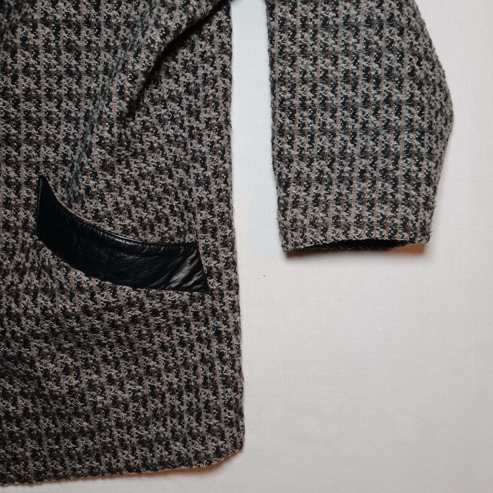 Vintage 80s Anne-Gee Womens Wool Leather Coat Large 11/12 Brown Tweed