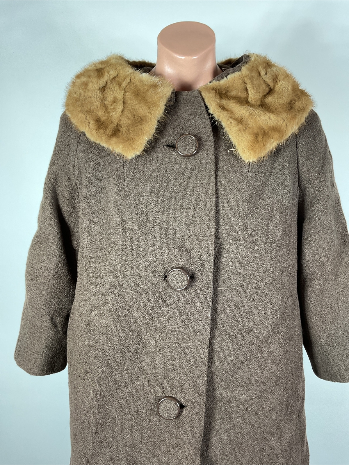 VTG 60s Forstmann Brown Wool Opera Swing Coat Mink Fur Collar L Evening Jacket