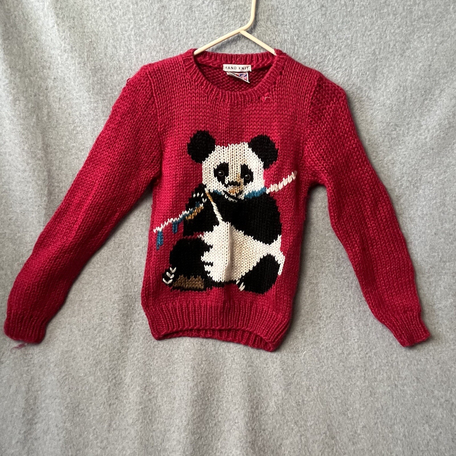 Cherry Stix Sweater Hand Knit Panda Woman’s Small Red Has Stains Valentine