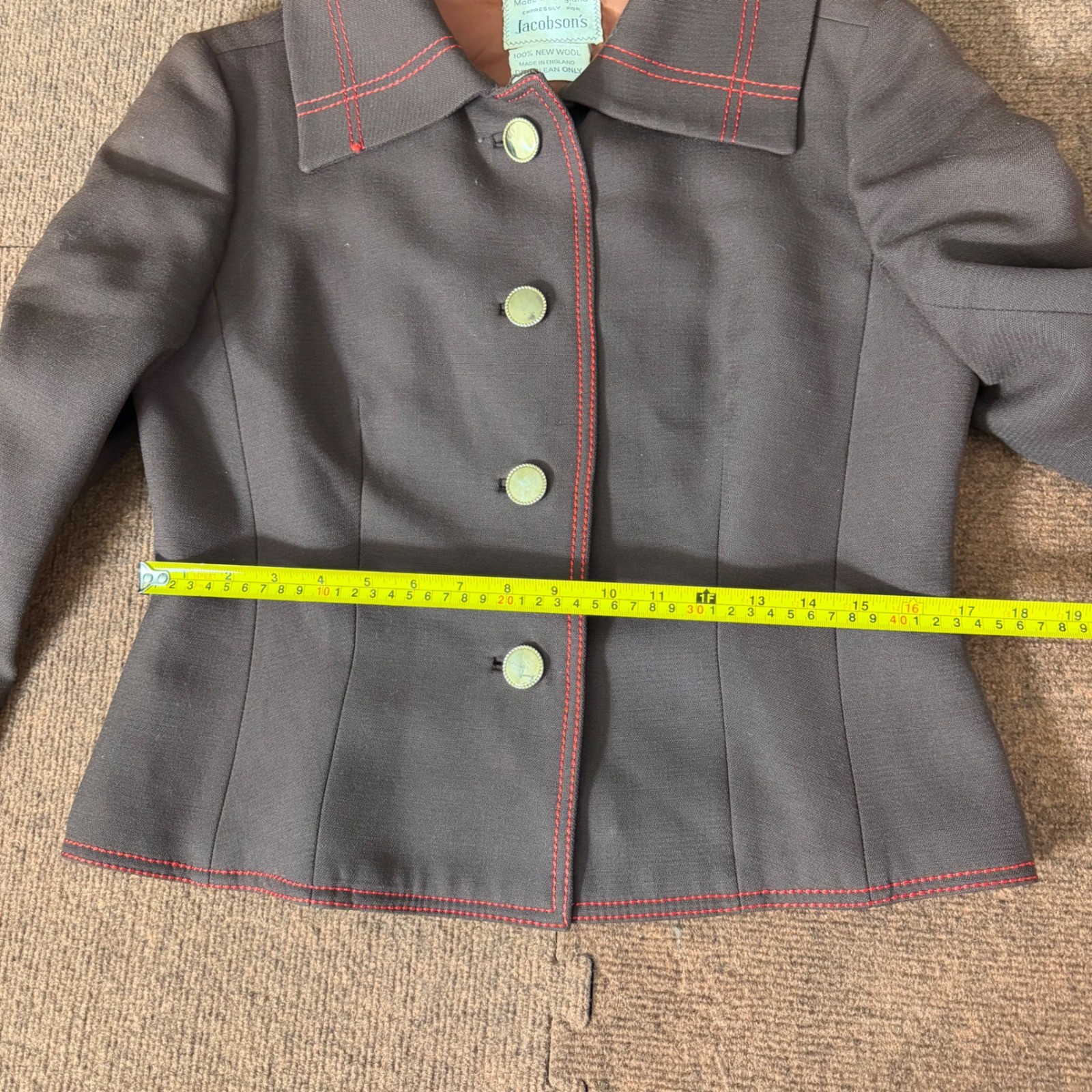 Cojana for Jacobson’s Vintage Wool Blazer Brown Red Contrast Stitch England 100%