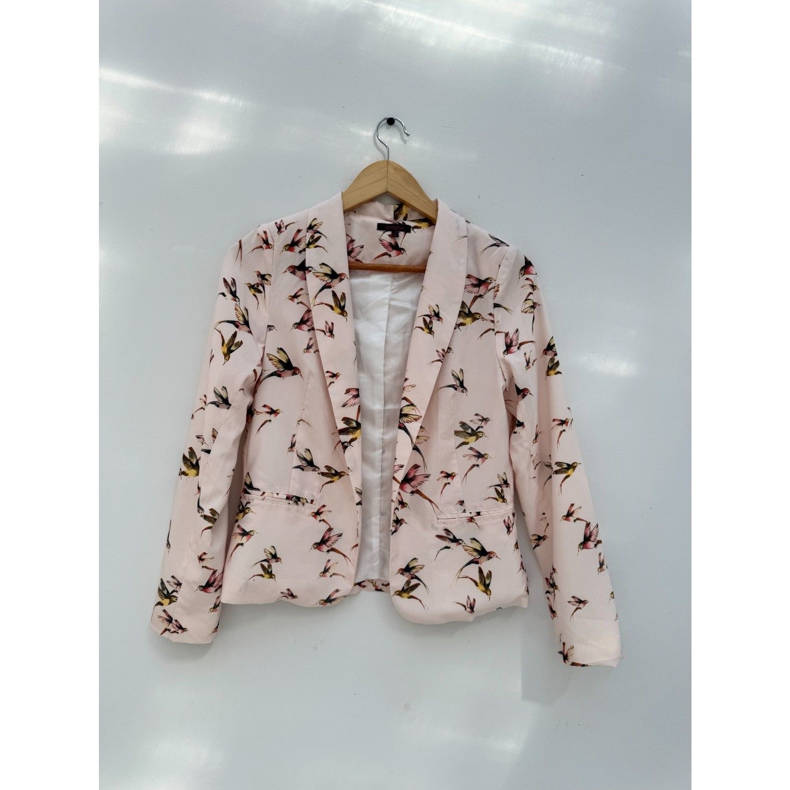 Ginger Blush Pink Hummingbird Print Blazer Open Front Size M