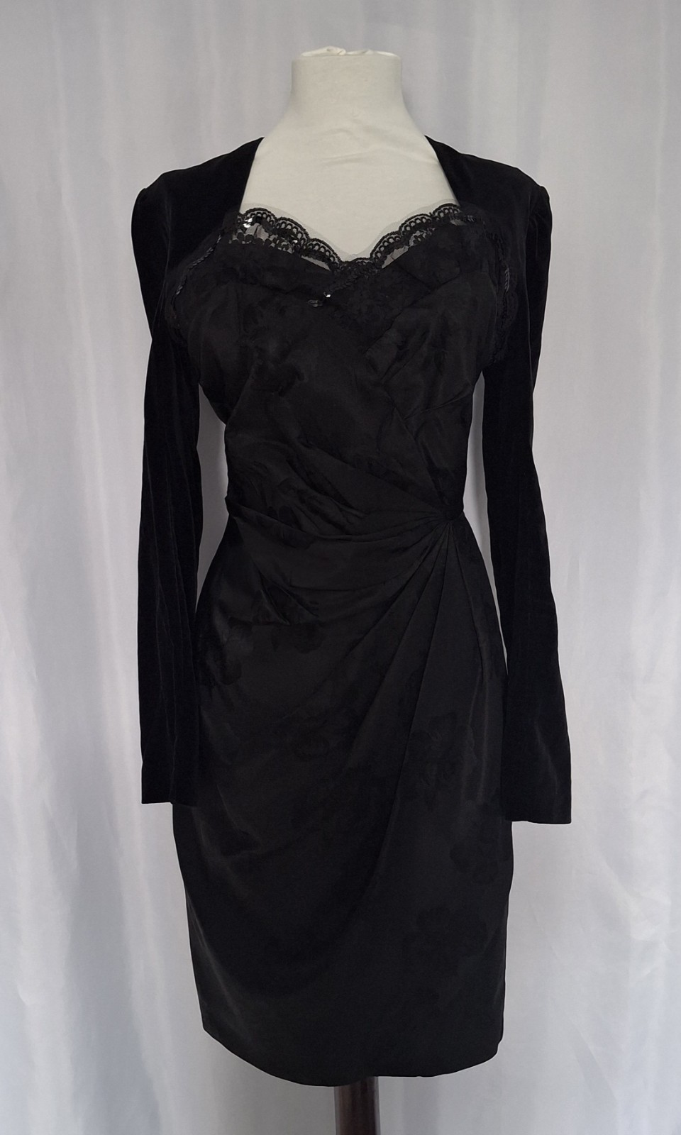 Vtg 80s Does 50s Black Tulip skirt sweetheart bust shirred waist pinup dress 12