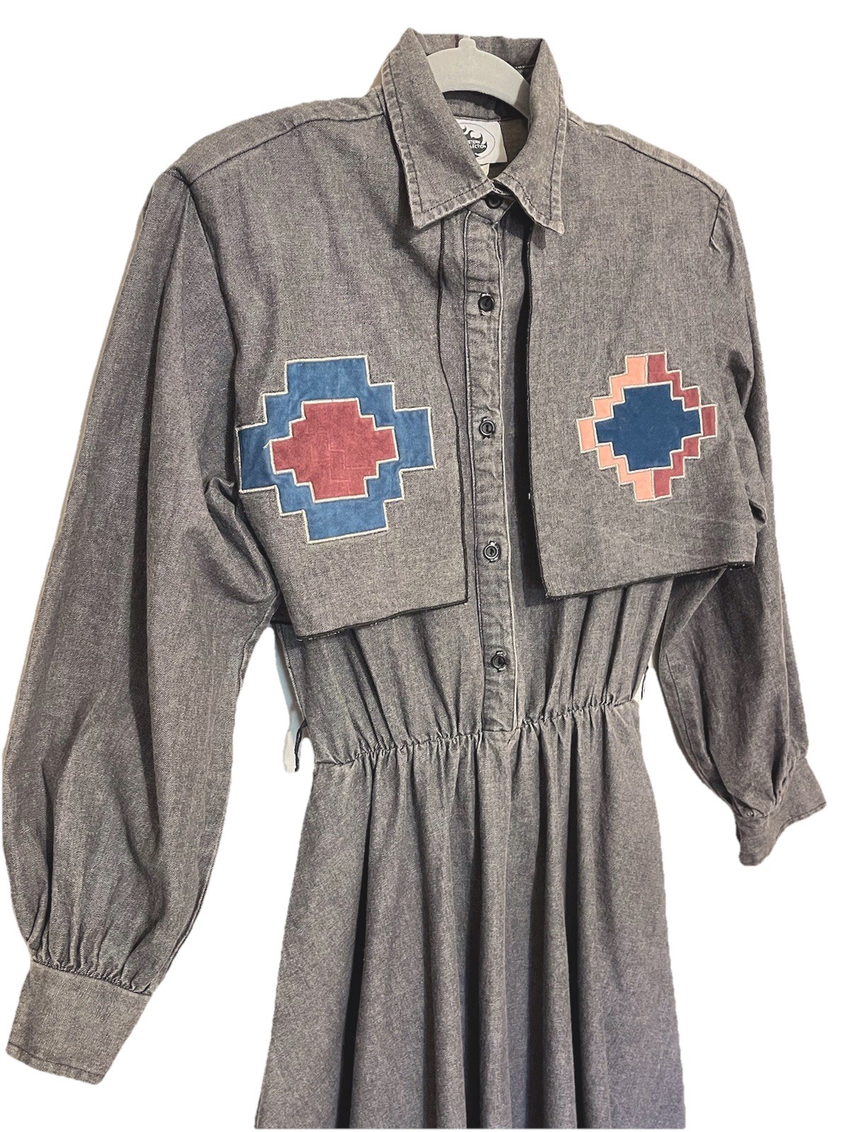 80’s Western Collection BOHO Long Denim Grey Dress Suede Embroidery, Size S-M