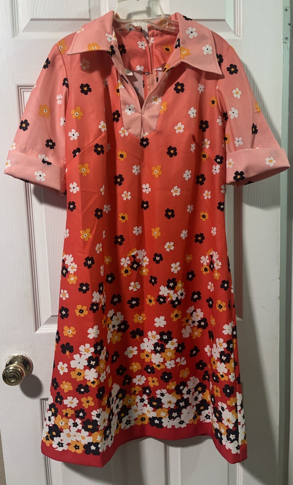Vintage Sears Fashions Dress Floral Mod Groovy Pinky Orange Mod Go-Go Sz 16