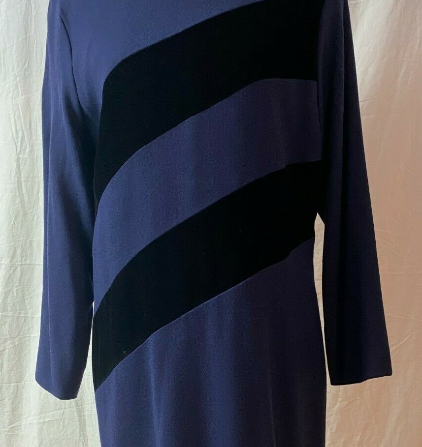 Vintage 80s SCAASI Blue Wool Crepe Dress Black Velvet Panels 30s Elegance 12/14