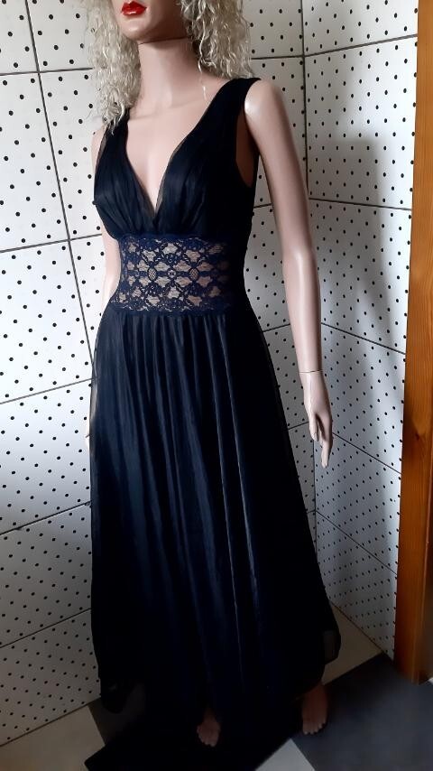 Vintage 80s Black Nylon Peignoir Dress Sexy Guipure Layered Chest 86cm/34″