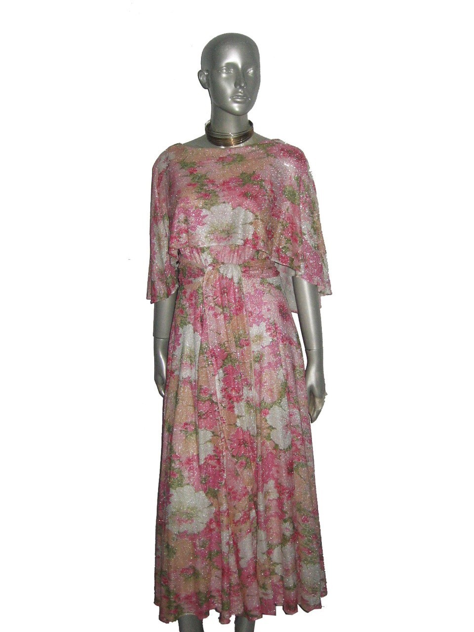 VTG Multi-Color Pastel Floral Metallic Silver Lurex Sparkle Overlay Disco Dress