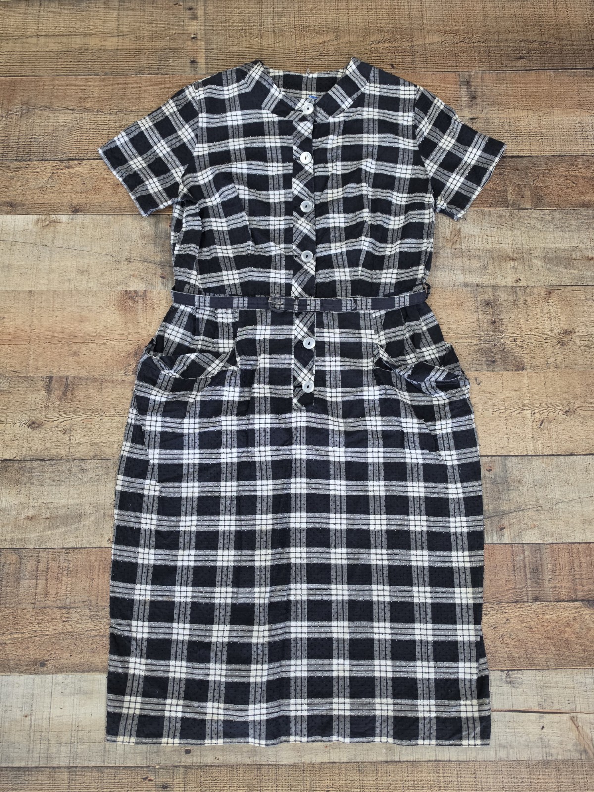 Vtg Mid Century Black White Plaid Belted Sundress Chore Great Shape Sz Medium?