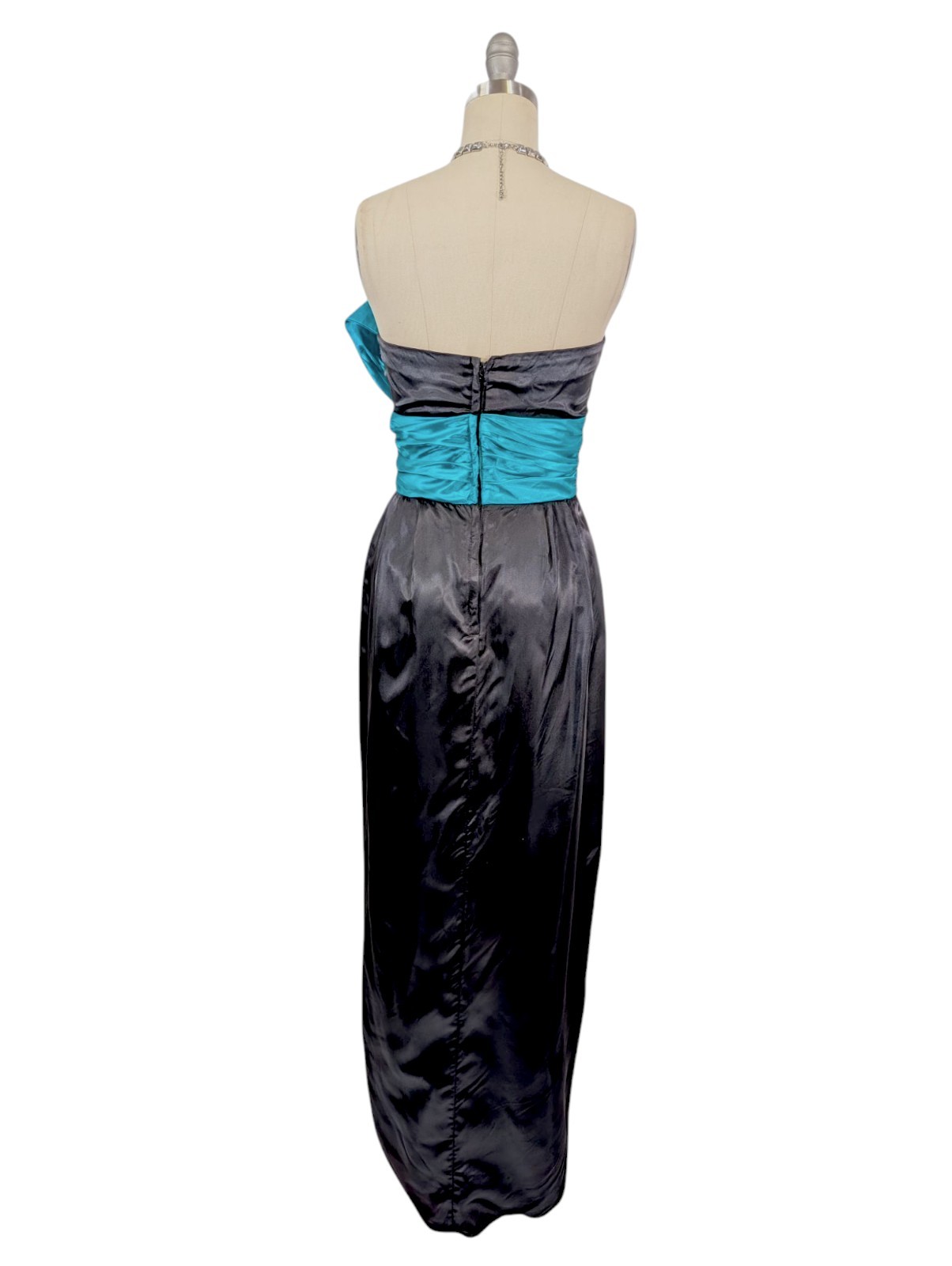 Vtg 80s Prom Dress XS Black Teal Strapless Avant Garde Maxi Glam Satin Hi Low
