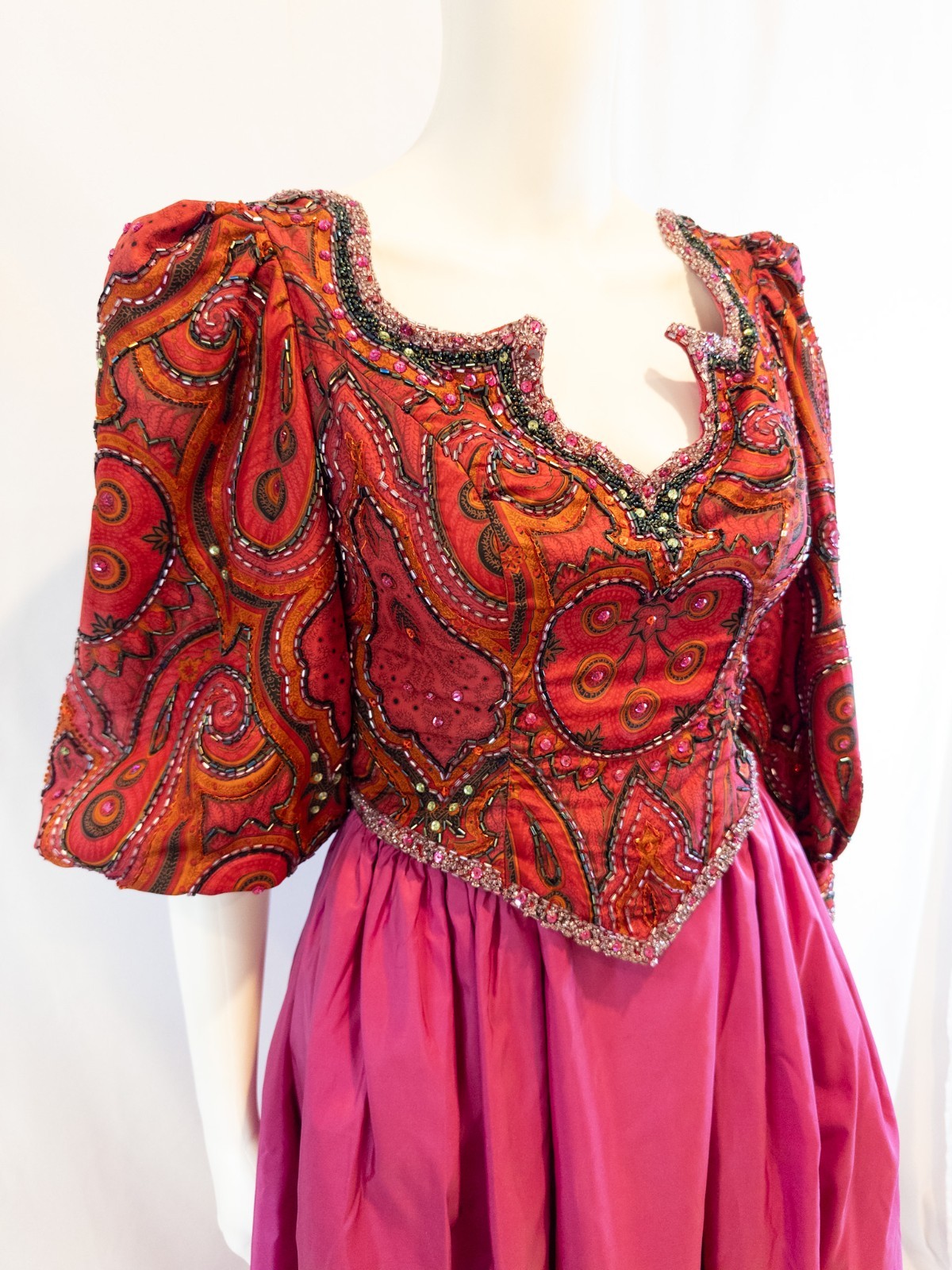 Vintage 1980s Ruben Panis Magenta Satin Taffeta Beaded Paisley Bodice Gown