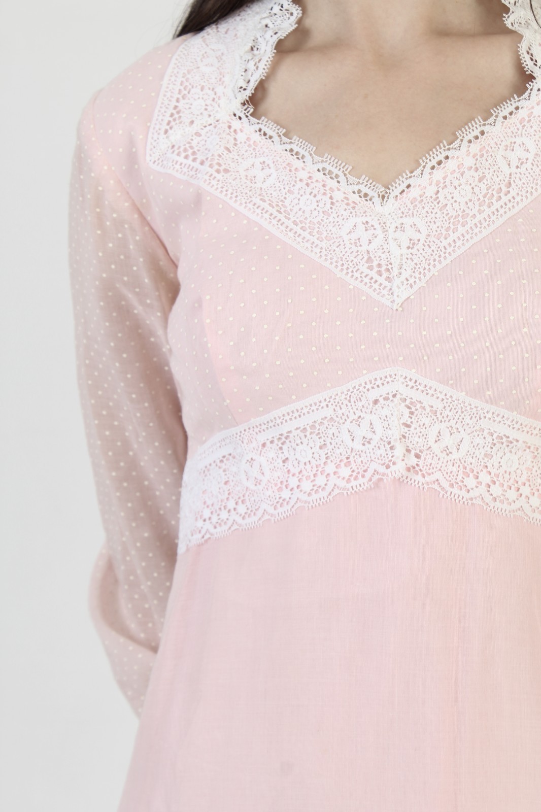 Vtg Pink Swiss Dot Dress High Waist Lace Barbiecore Sheer Boho Prairie Wedding