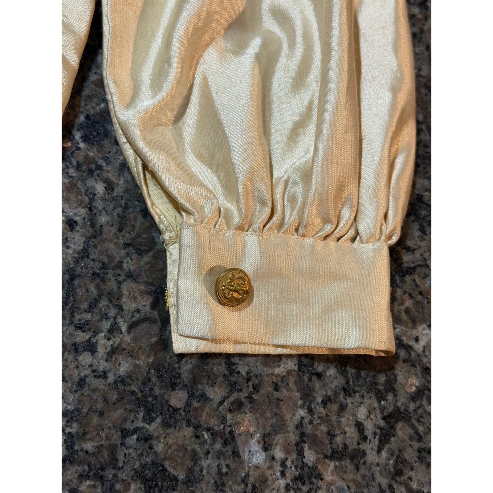 Vintage Embroidered Mirror Work Satin Blouse Champagne Gold Crest Button Top