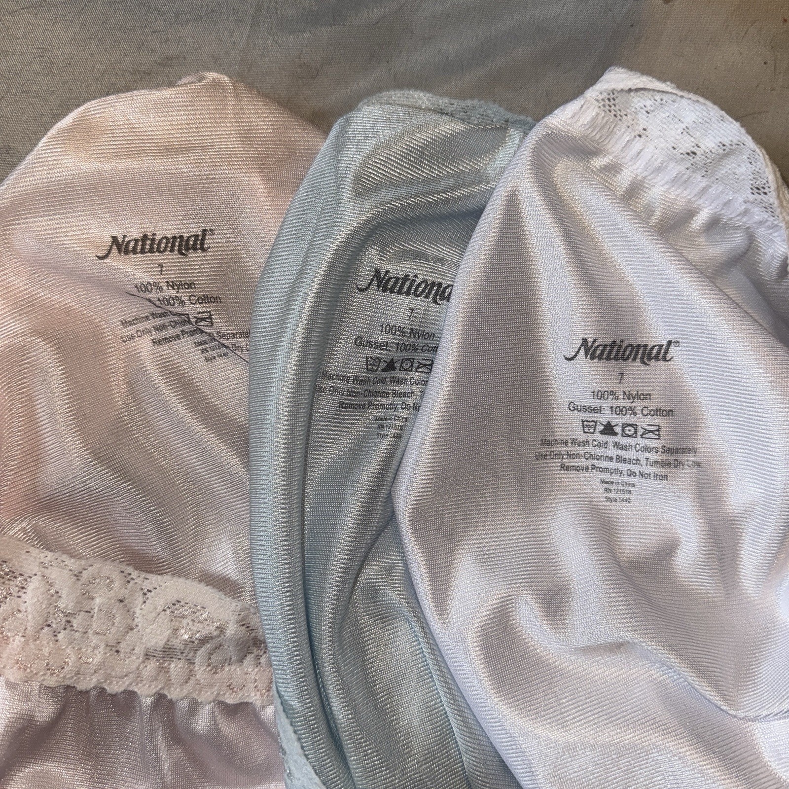 Vintage LOT of 3 Panties National Sheer Blue Pink White Granny Brief Nylon Sz 7